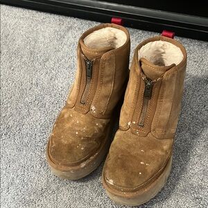 Tan Suede Ugg Platform Boots with Zipper
